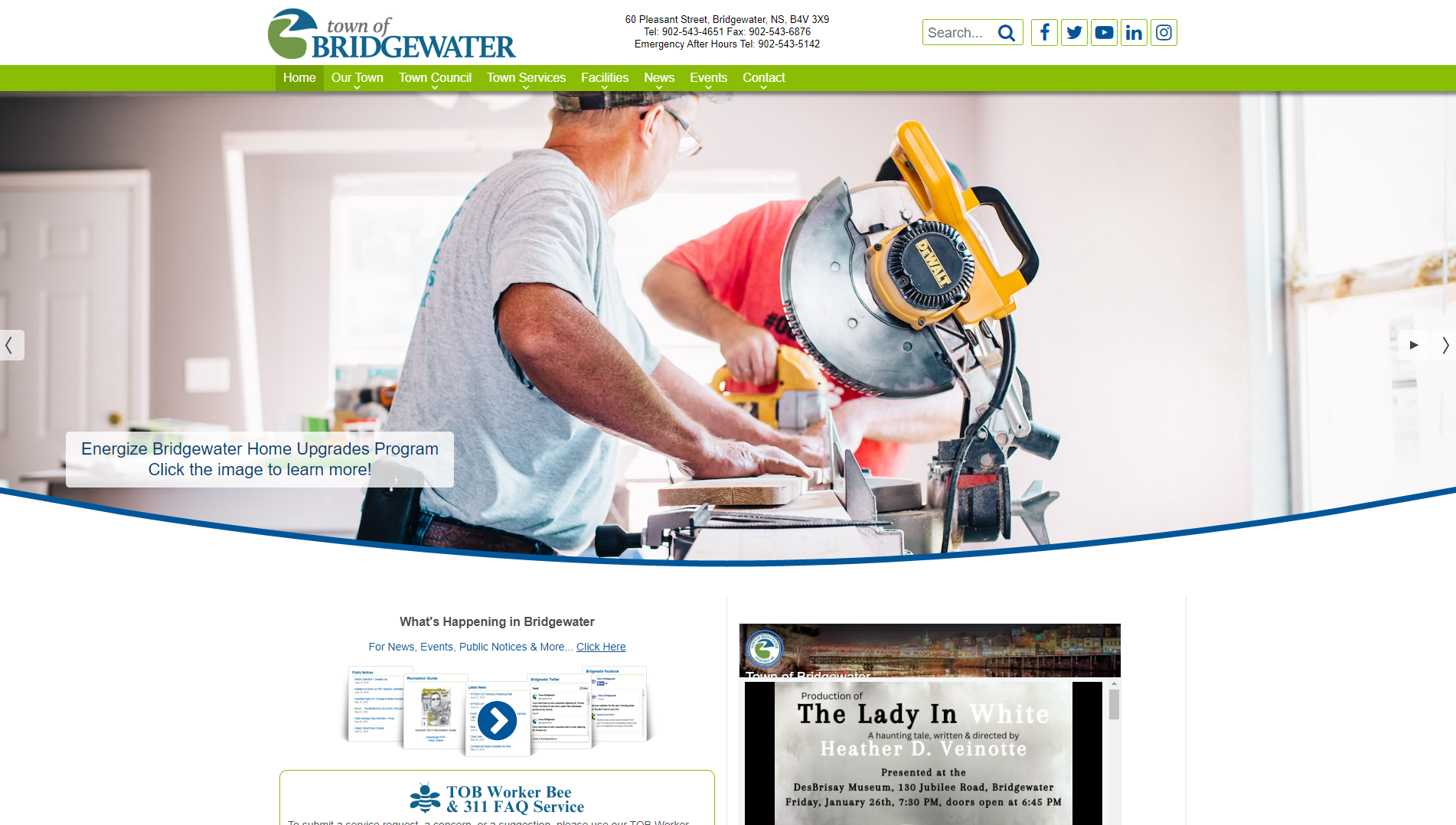 An image of the Town of Bridgewater homepage; under a navigation two men are shown with a table saw cutting a long piece of wood.