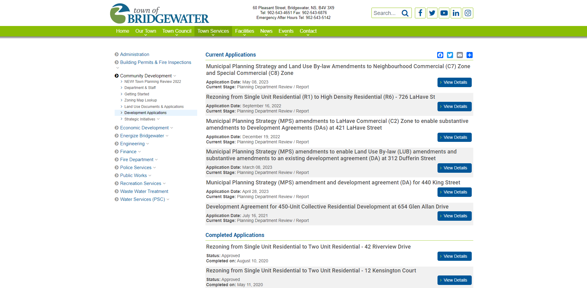 A screenshot of the Town of Bridgewater's zoning development webpage. Various zoning applications are listed with the option to "View Details".