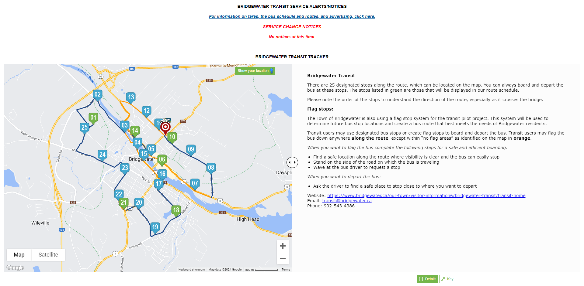 A screenshot of the Town of Bridgewater's transit map; a live map shows the bus route and a red marker indicates the current location of the bus.