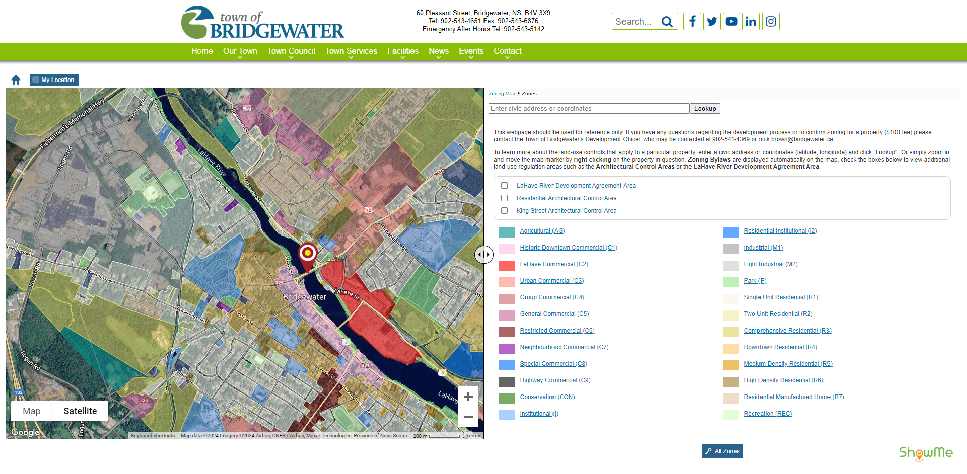 A screenshot of the Town of Bridgewater's zoning map; to the left a map is shown with different colours overlayed on top. To the right, the colours are shown to correspond with various zoning distinctions.